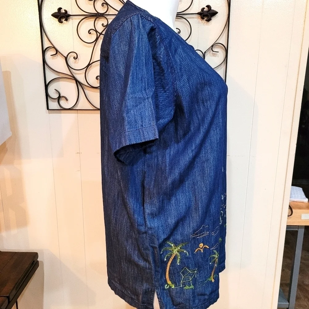 Vtg Dark Wash Denim Palm Tree Embroidered Button Up Shirt Large - Picture 7 of 7
